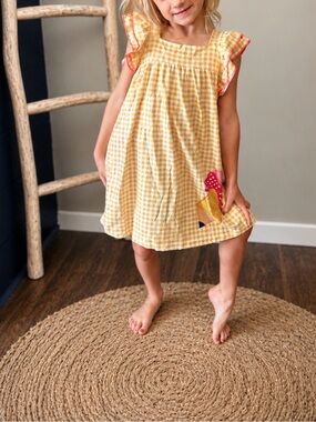 Yellow Gingham Ruffle-Sleeve Girls Dress with Pink Accents